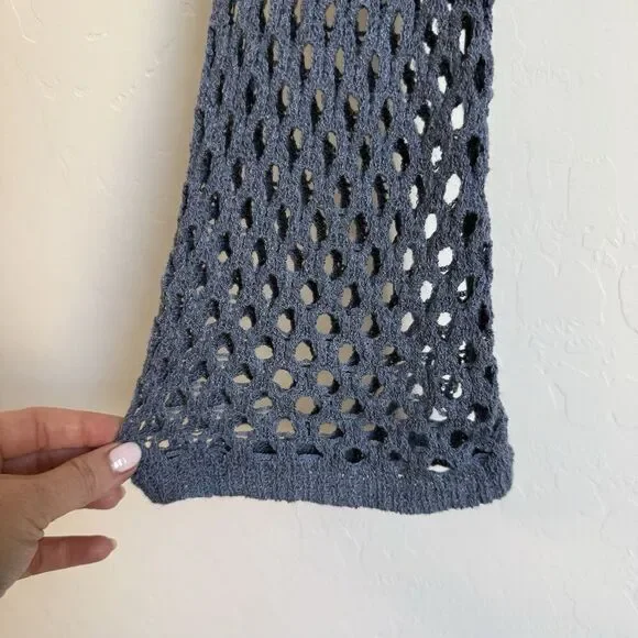 Womens Blue Open Knit Beachy Boho Bell Sleeve Sweater Size L Festival Beach - Picture 2 of 13